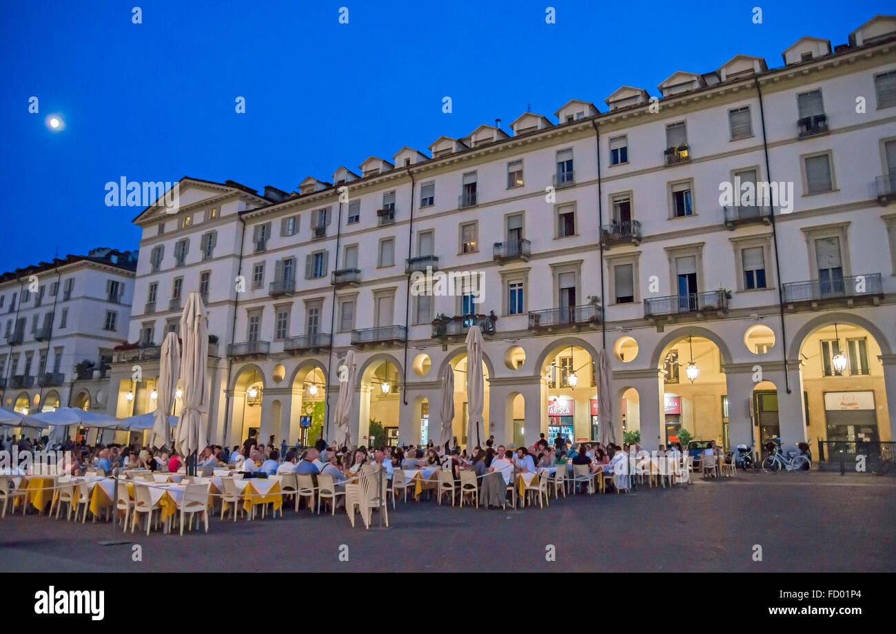 Summer night in the city - Piazza Vittorio Veneto , famous city square in Turin ,located at the end of Via Po, near the river Po Stock Photo