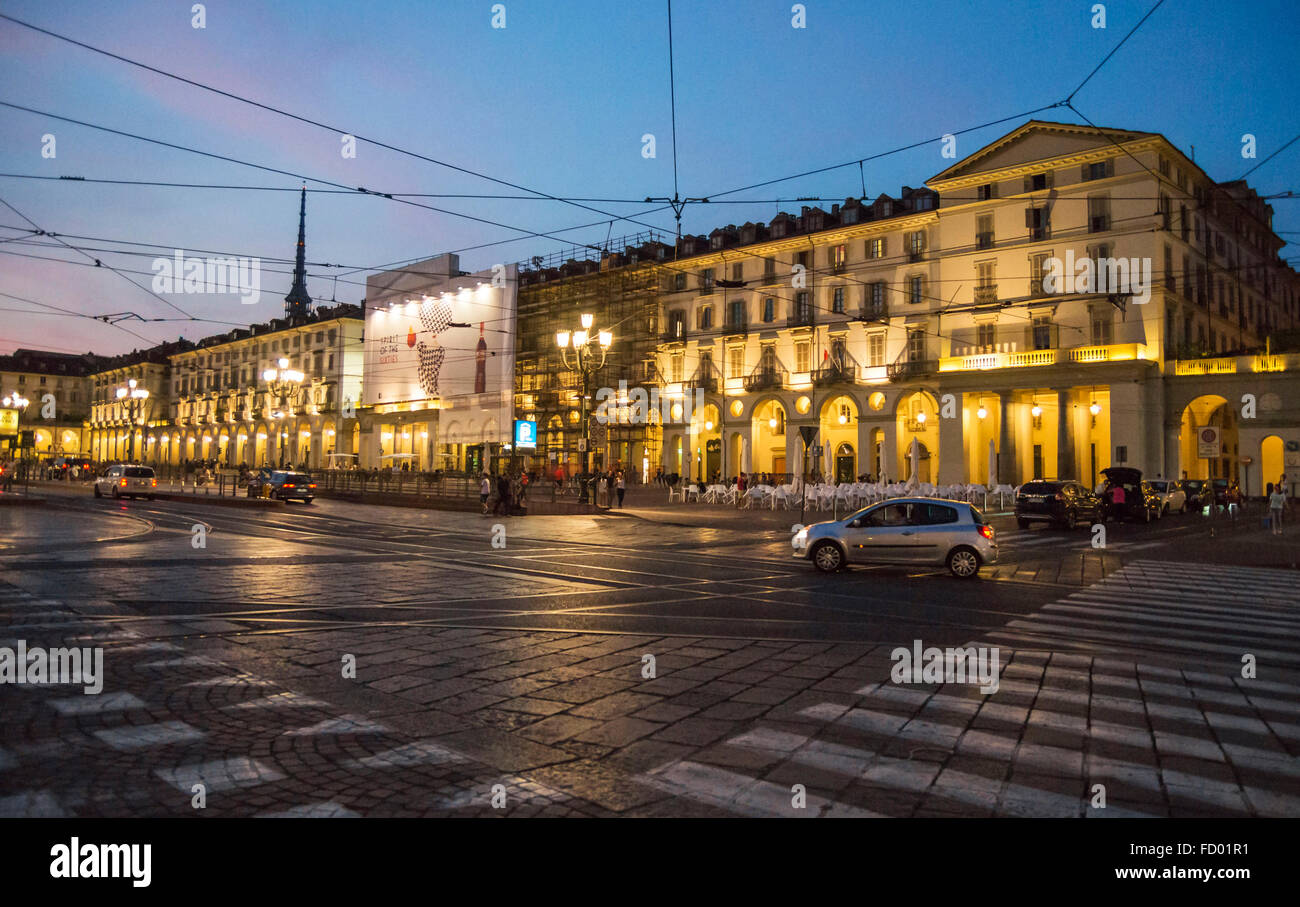 Summer night in the city - Piazza Vittorio Veneto , famous city square in Turin ,located at the end of Via Po, near the river Po Stock Photo