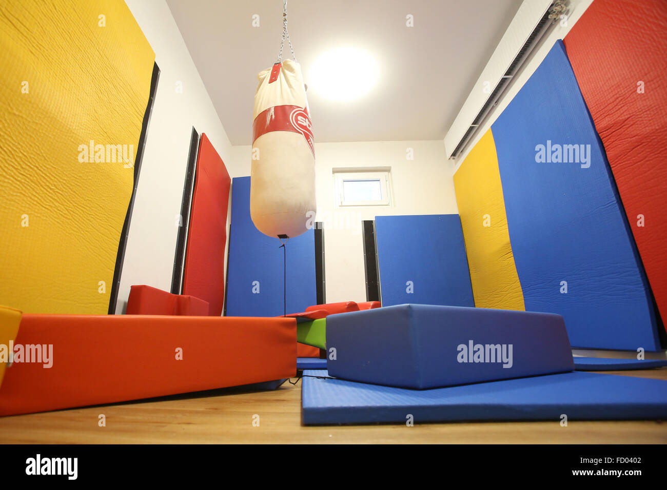 Mats and a boxing bag pictured during a press event in a room at the