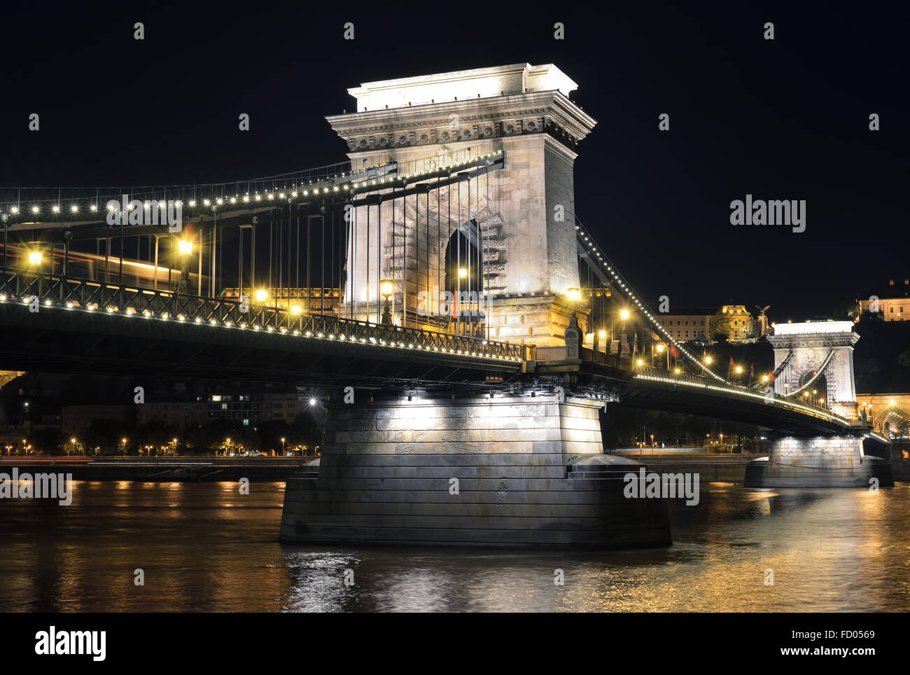 Danube river and Szechenyi Chain Bridge at night. Budapest, Hungary. Stock Photo