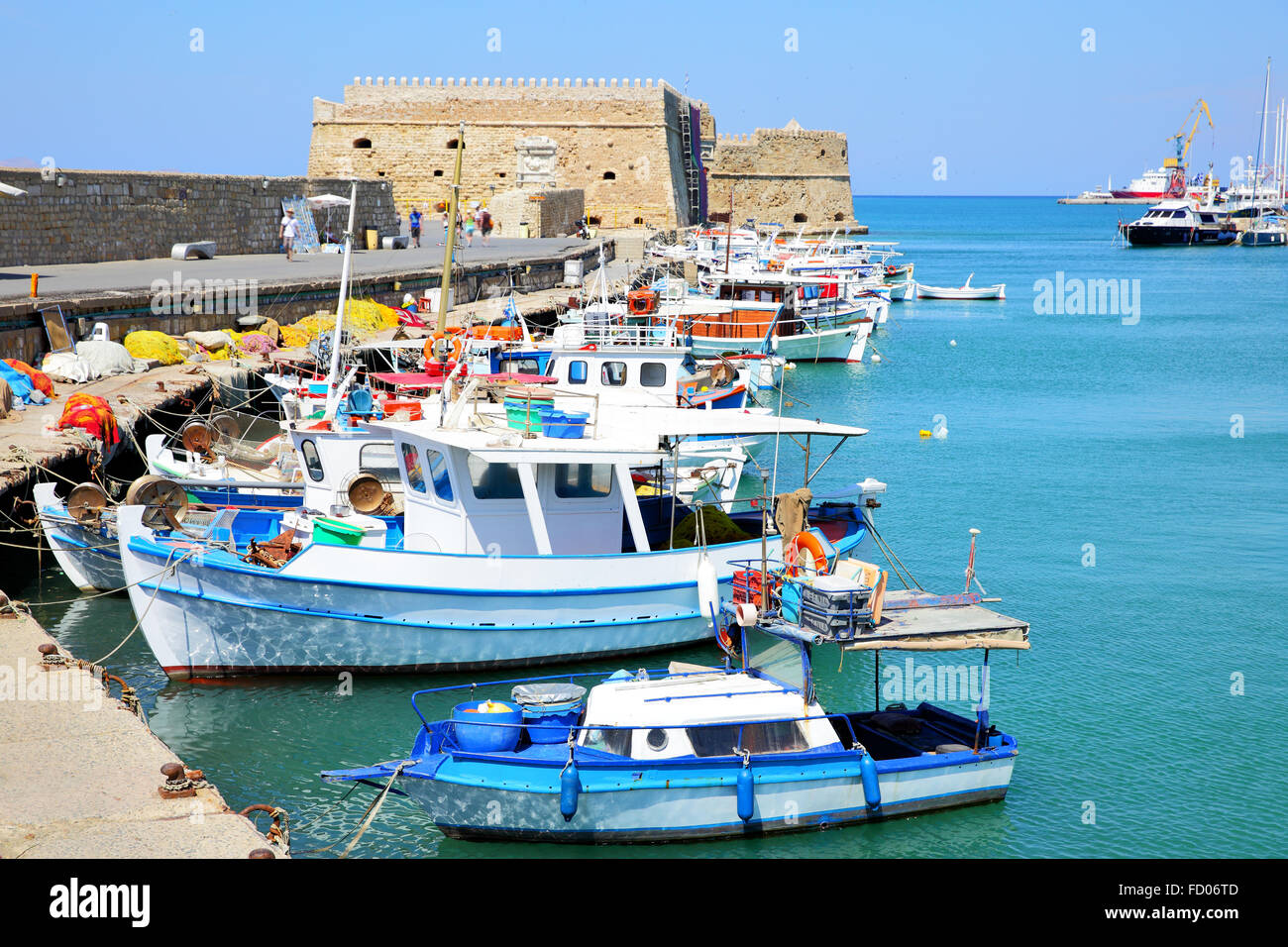Venetian Fortress and fishing boats in Heraklion, Crete, Greece Stock Photo