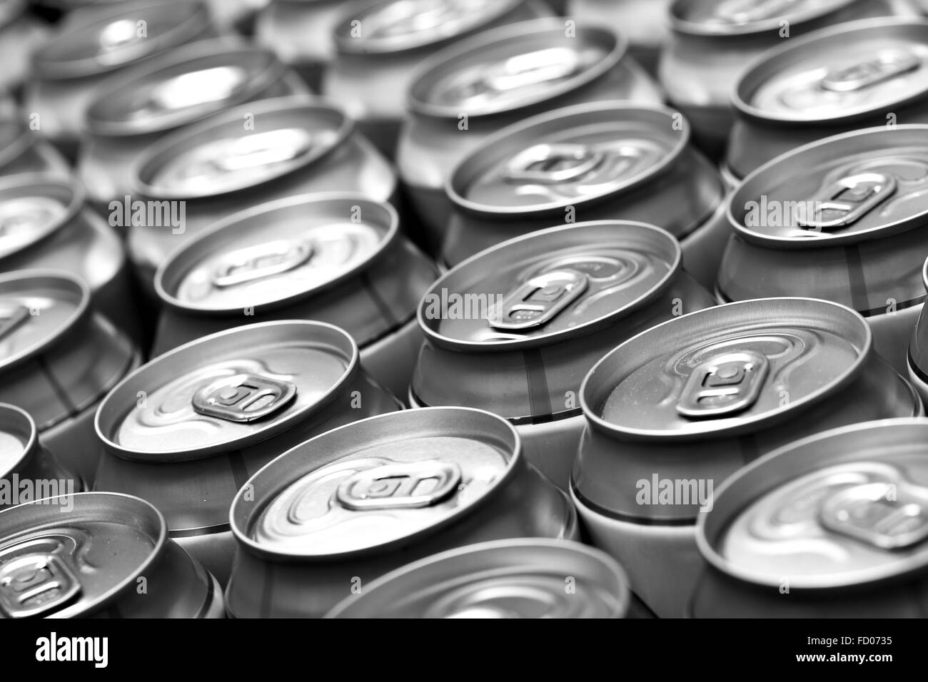 Lots aluminum beer cans. Black and white image. Shallow DOF! Stock Photo