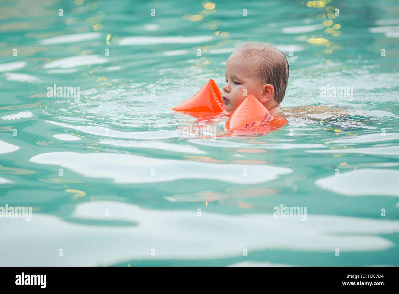 Baby with armbands in swimming pool Stock Photo Alamy