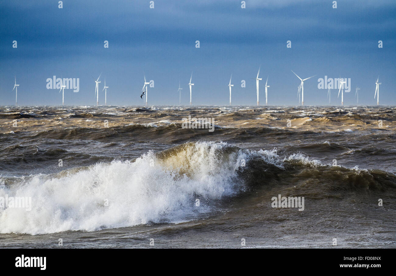 North Hoyle Offshore Wind Farm. Stormy Seas off New Brighton, Wirral, UK. January, 2016. UK Weather.  Storm Force winds lash the Turbines on the northwest coast at the estuary entrance to the River Mersey.  Strong winds will blow into Britain today with up to six inches of rain and 70mph gale force winds. Britain today faced 70mph winds and a forecast of six inches of rain as a storm which has killed nearly 30 people in the United States headed straight for the UK. Stock Photo