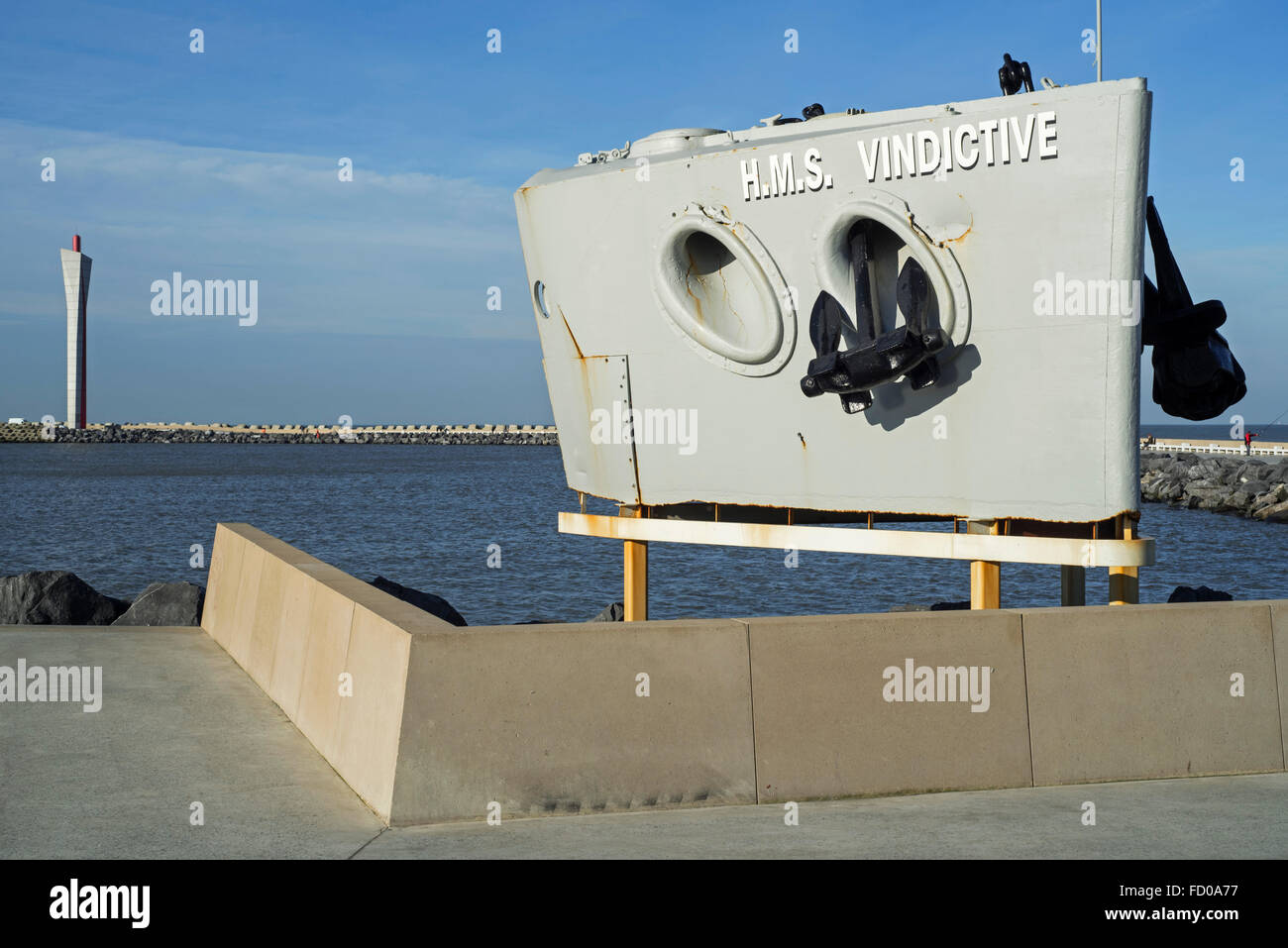 Bow of ship HMS Vindictive, World War One memorial, and Eastern dam in the Ostend / Oostende harbour, West Flanders, Belgium Stock Photo