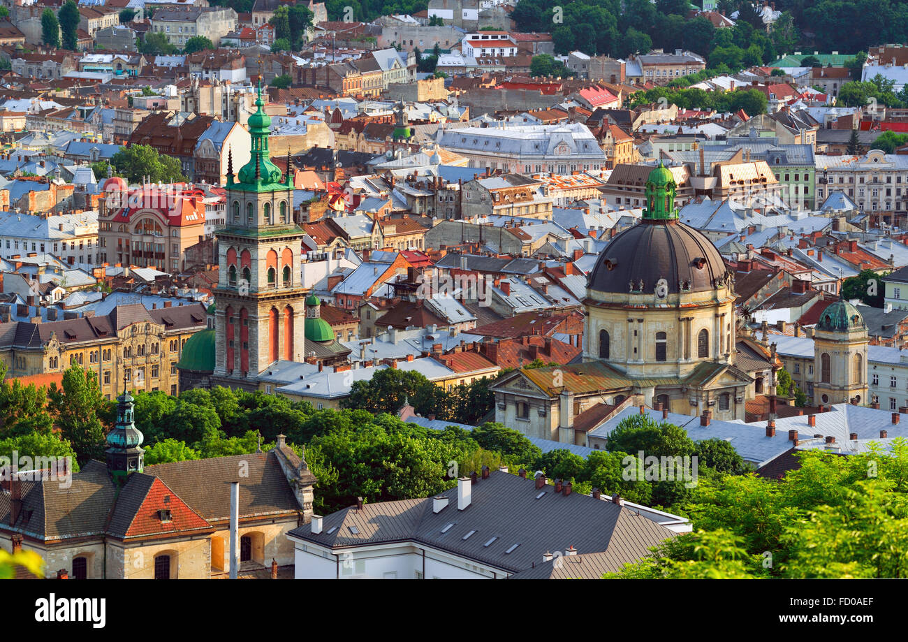 Lviv City in the evening. Central part of the old city of Lvov. Ukraine Stock Photo