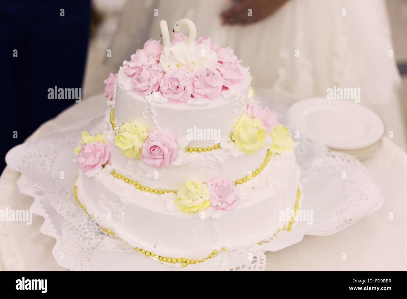 beautiful white wedding cake with roses Stock Photo