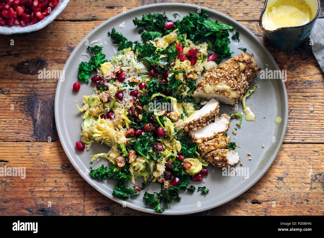 Quinoa, brussel sprouts, crispy kale and hazelnuts salad with dukkah