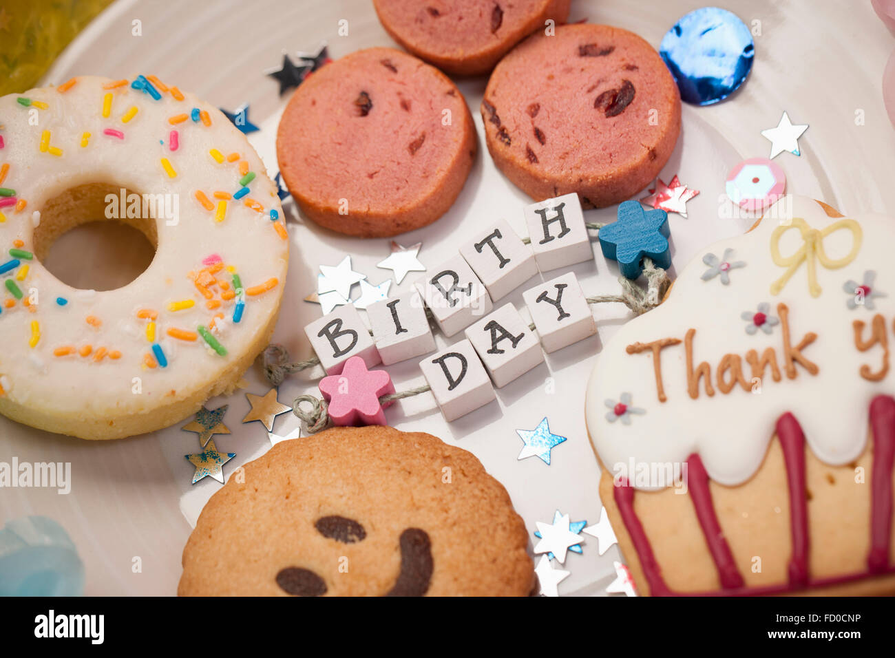 Cookies and word of BIRTHDAY in solid Stock Photo