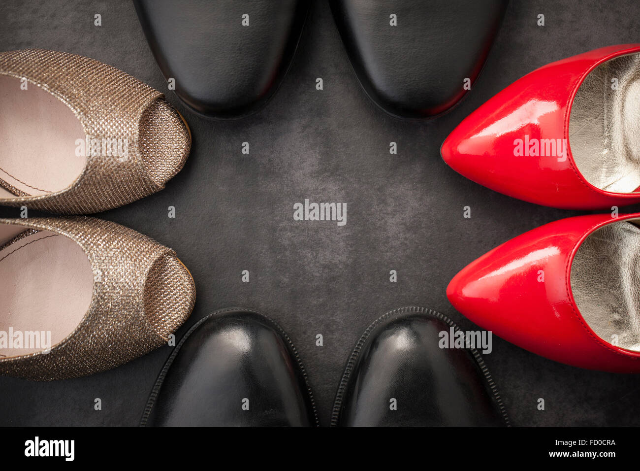 High angle of close-ups of pairs of shoes Stock Photo