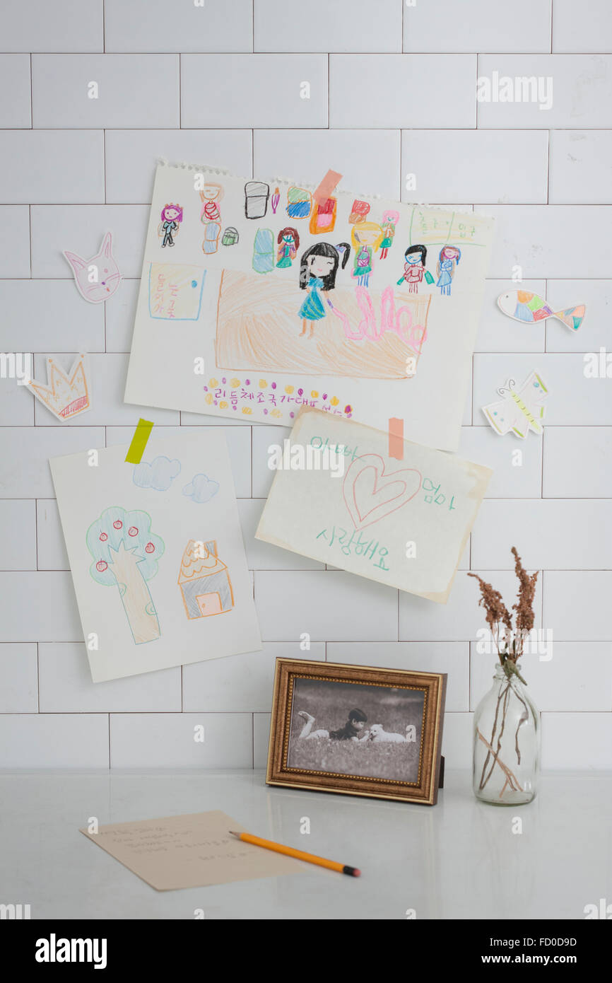Kids drawings on the wall Stock Photo Alamy