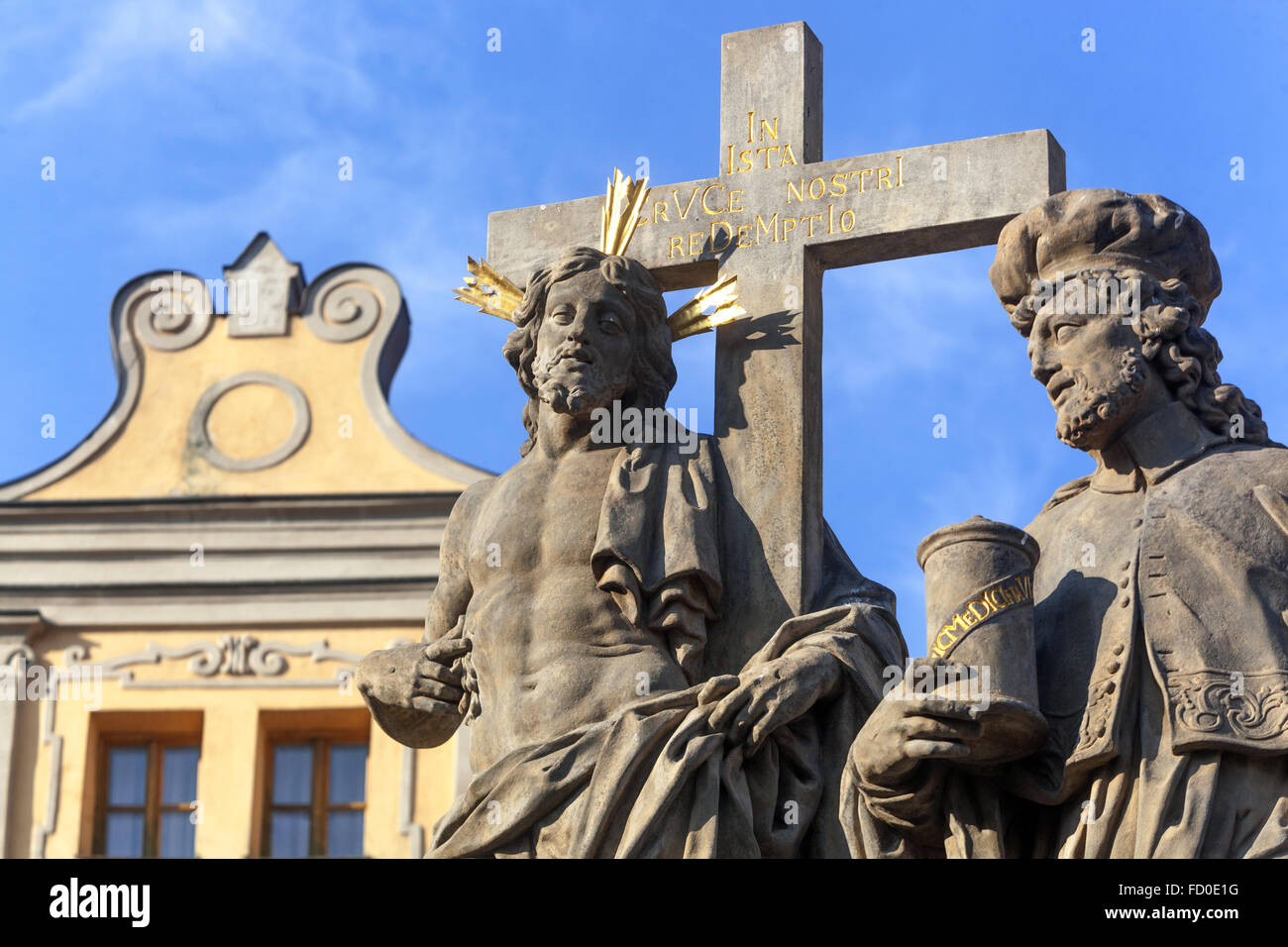 Baroque statues of St Cosmas and Damian , Little Quarter side Charles Bridge Prague, Czech Republic Stock Photo