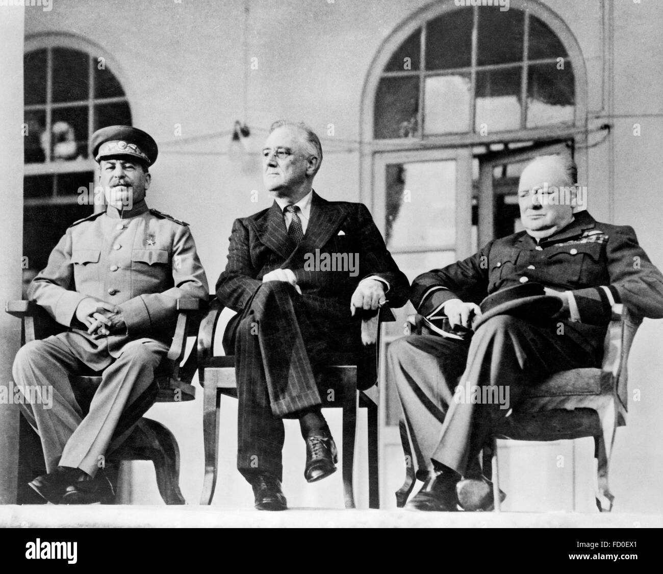 Soviet Premier Josef Stalin, US President Franklin D Roosevelt and British Prime Minister Winston Churchill, meeting at the 'Big Three' Tehran Conference in Nov/Dec 1943 Stock Photo