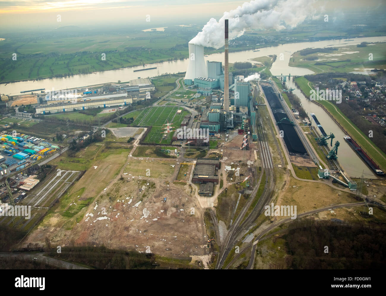 Aerial view, wasteland of the former mine Walsum, coal mine Walsum, STEAG power plant Walsum, coal power plant, river Rhine, Stock Photo