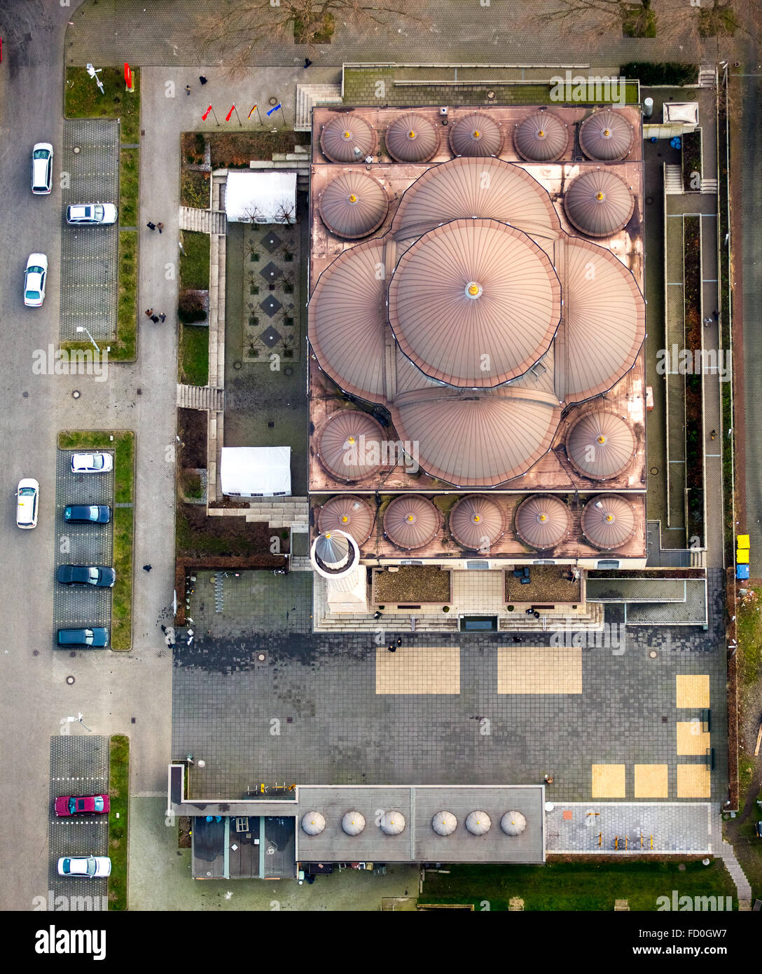 Aerial view, DITIB mosque Duisburg Marxloh, Islamism, Islamic place of worship, mosque controlled by the Turkish state, Duisburg Stock Photo
