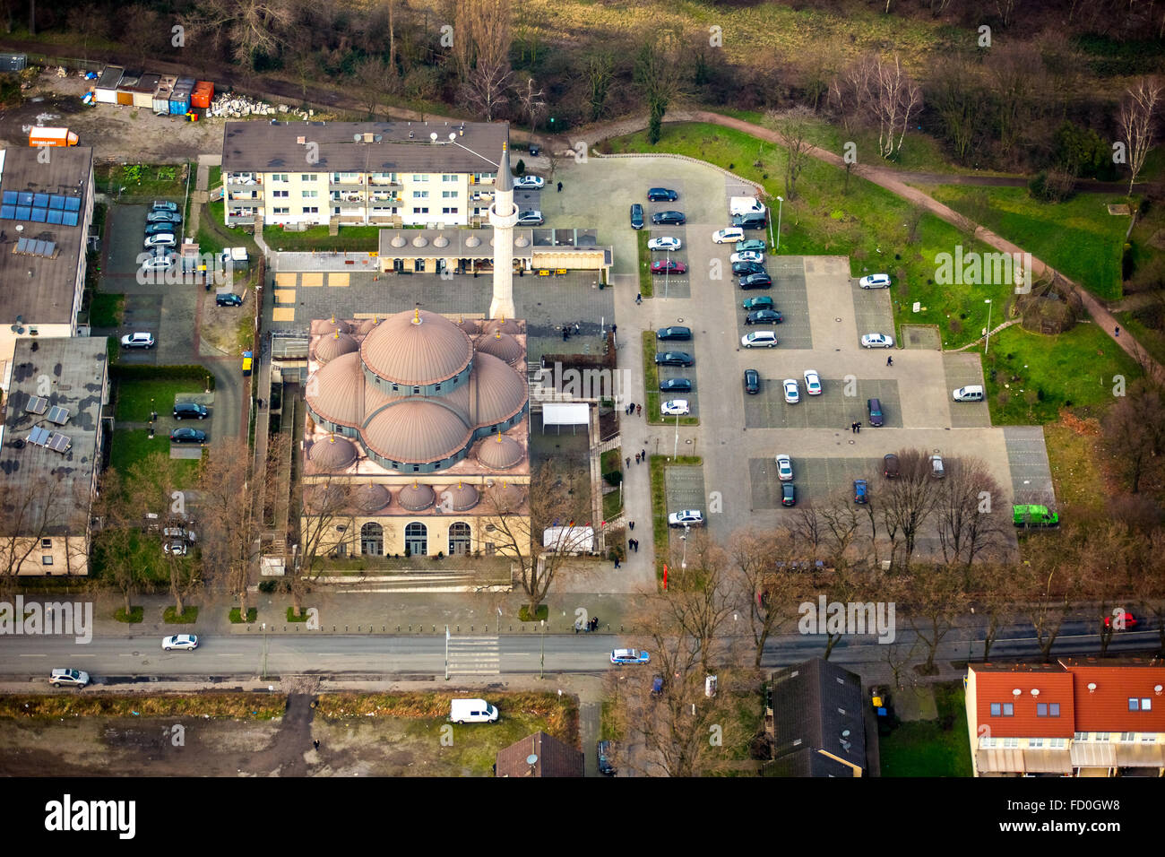 Aerial view, DITIB mosque Duisburg Marxloh, Islamism, Islamic place of worship, mosque controlled by the Turkish state, Duisburg Stock Photo