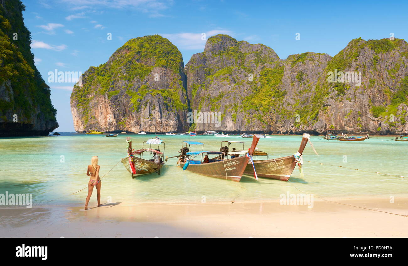 Thailand beach - tropical Maya Bay on Phi Phi Leh Island, Andaman Sea, Asia Stock Photo