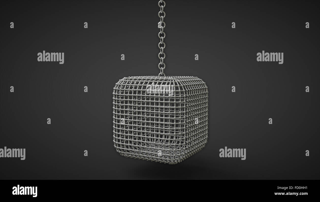 mew cage box shaped hanging on a chain isolated on black background Stock Photo