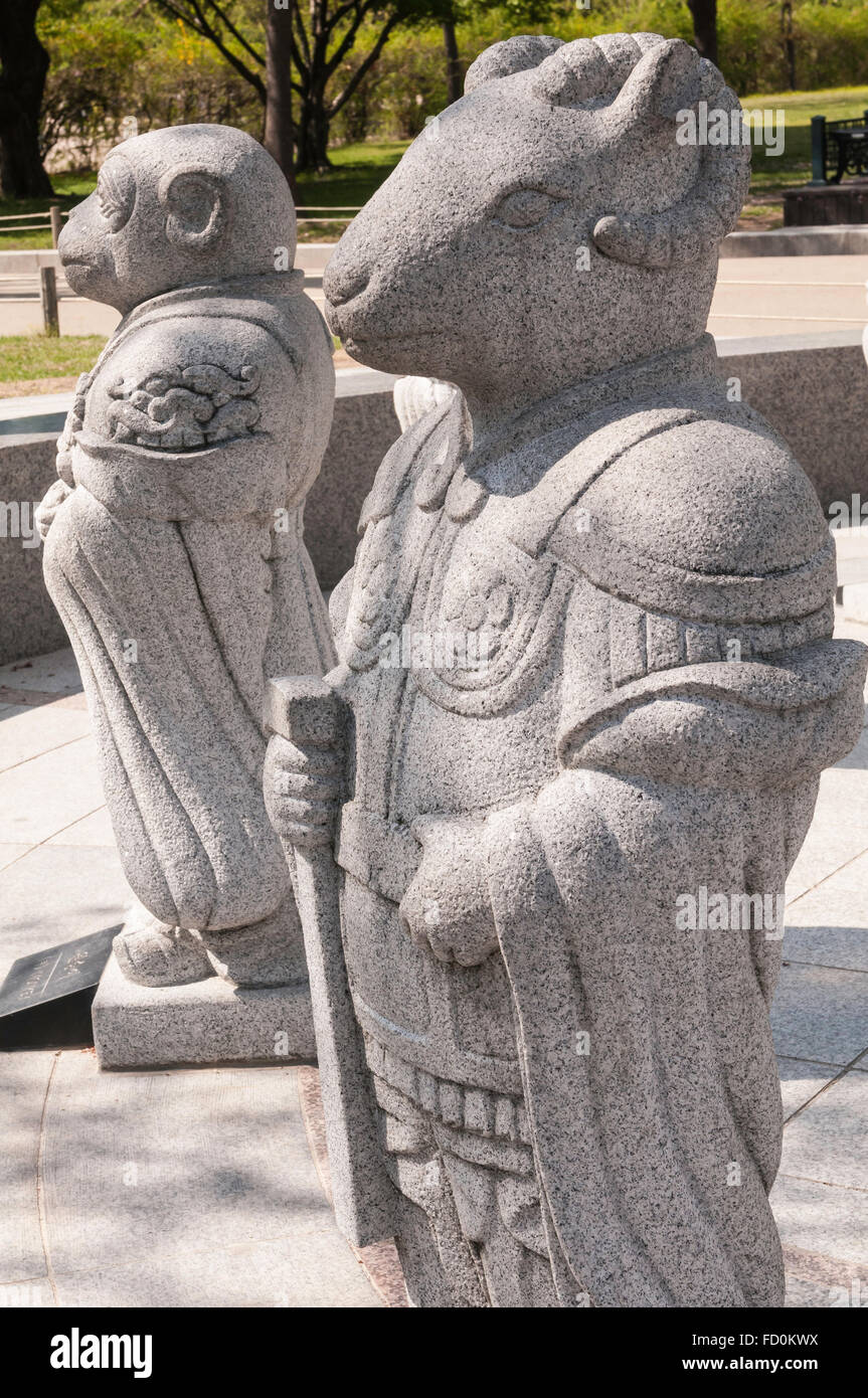 Chinese zodiac astrology statues, centered on the goat outside National