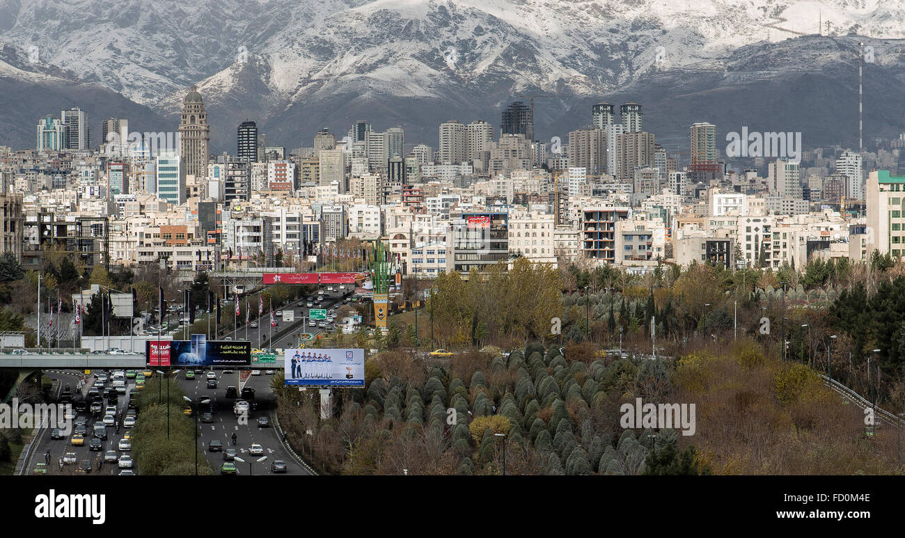 View of North Tehran, Iran, with snowed Alborz mountains. Stock Photo