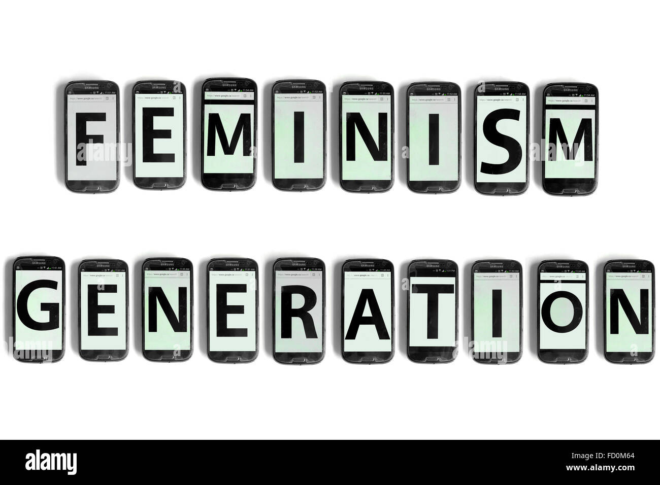 Feminism Generation on the screens of smartphones photographed against a white background. Stock Photo