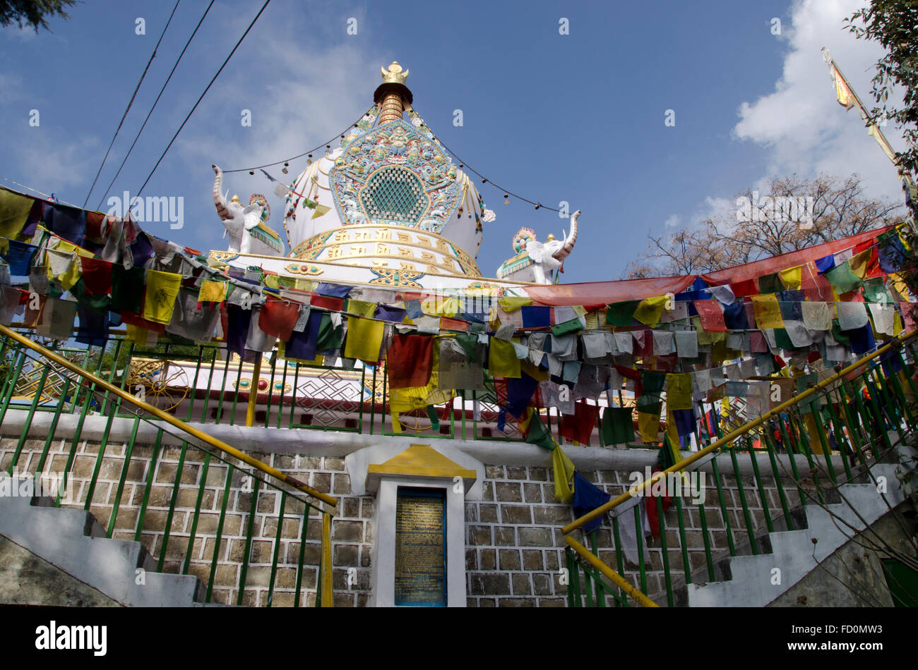 Temple and prayer flags, Dharamsala, Himachal Pradesh, India Stock Photo
