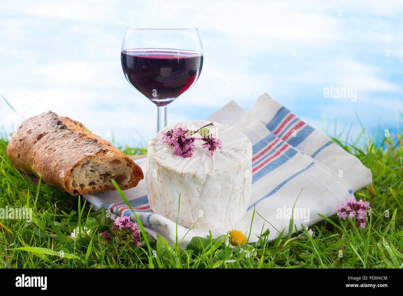 Cheese, wine and  bread, French culibary Scene Stock Photo