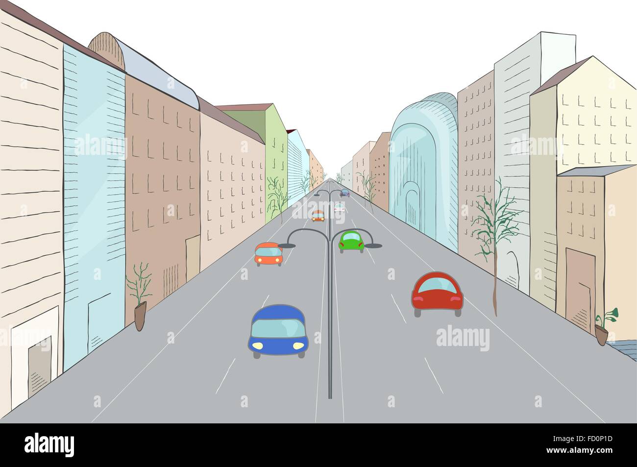 Urban landscape in flat design style, vector illustration. Modern city street with buildings, cars, skyscrapers and trees Stock Vector