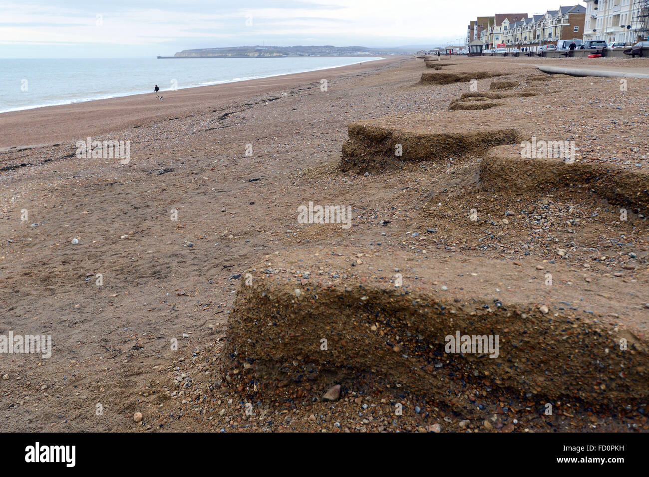 Seaford beach, East Sussex, UK. showing servere coastal erosion after winter storms Stock Photo