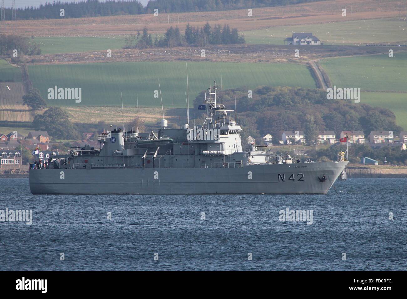 LNS Jotvingis of the Lithuanian Navy, is seen here anchored off Greenock before participating in Exercise Joint Warrior 14-2. Stock Photo