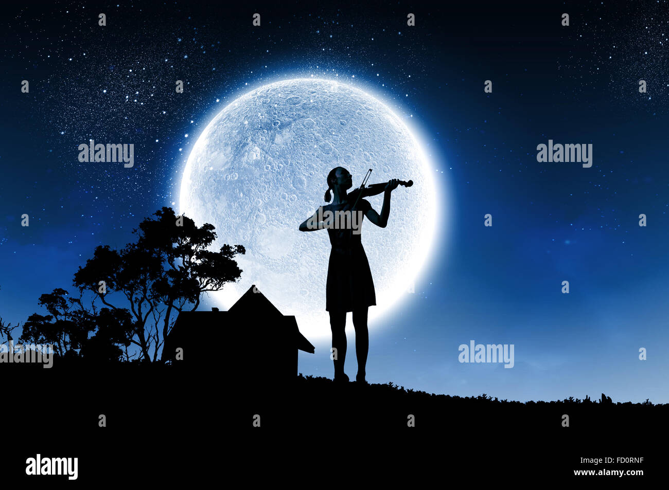 Silhouette of woman playing violin at night Stock Photo - Alamy