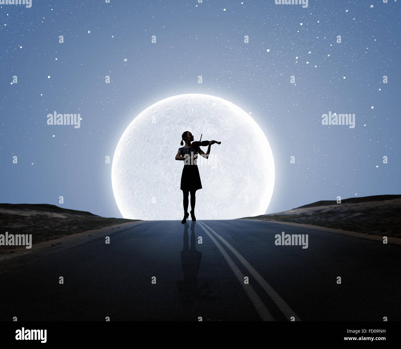 Silhouette of woman playing violin at night Stock Photo - Alamy