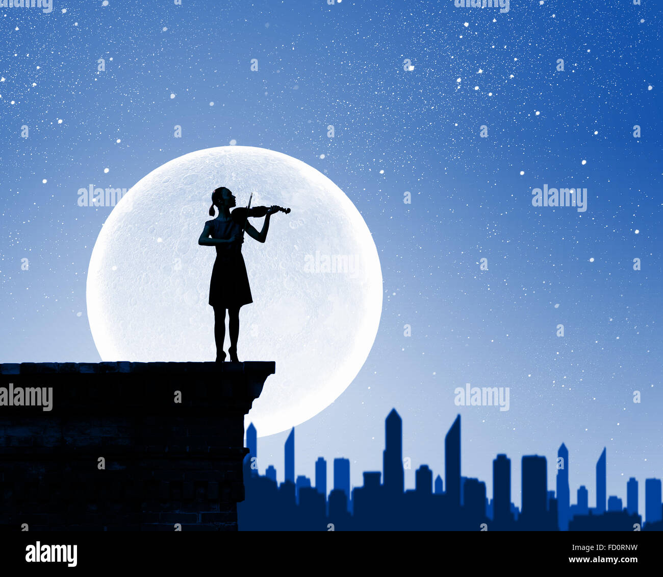 Silhouette of woman playing violin at night Stock Photo - Alamy