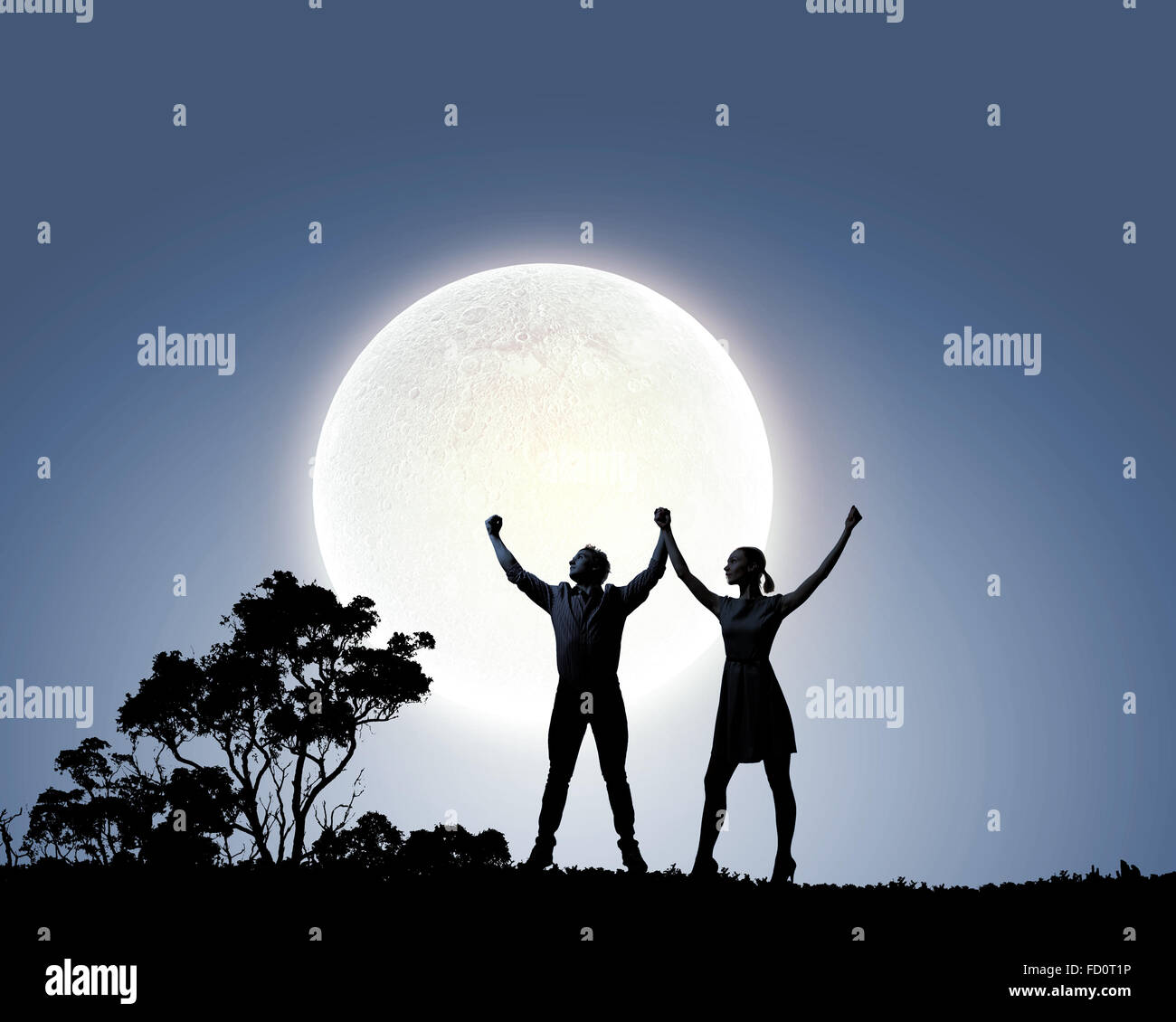 Silhouettes of young couple against full moon Stock Photo - Alamy