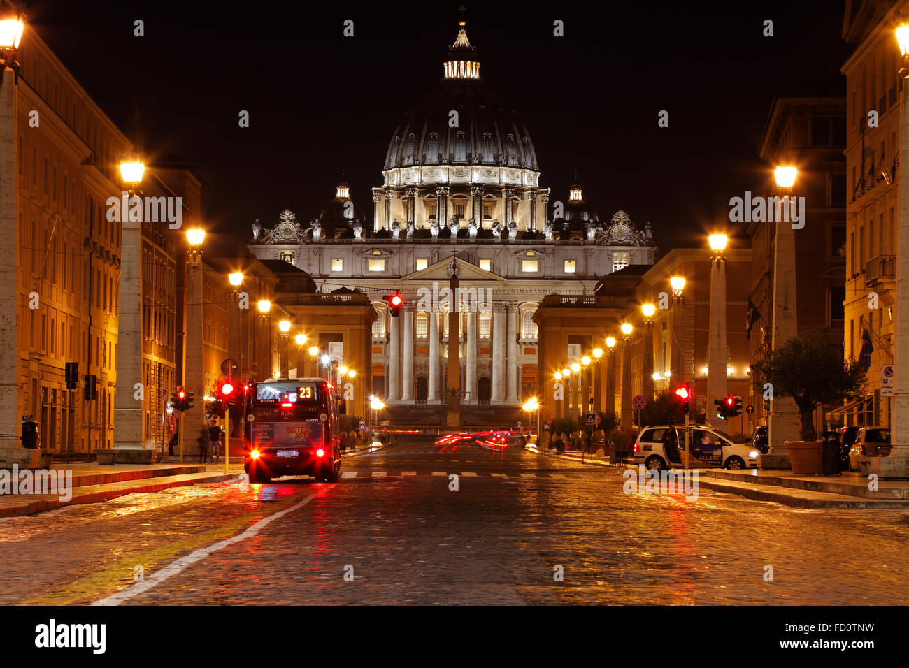 St. Peter's Basilica Rome St. Peter's and street Via della Conciliazone in Rome at dusk, Italy Stock Photo