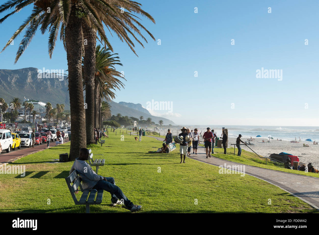 Beach promenade, Camps Bay, Cape Town, City of Cape Town Municipality, Western Cape, Republic of South Africa Stock Photo