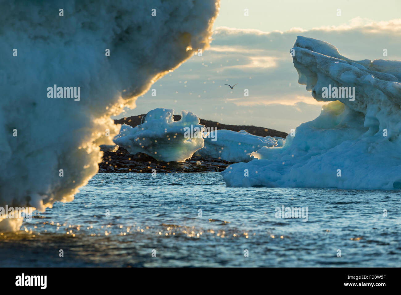 Canada, Nunavut Territory, Repulse Bay, Setting midnight sun lights meltwater dripping from grounded icebergs in Harbour Islands Stock Photo