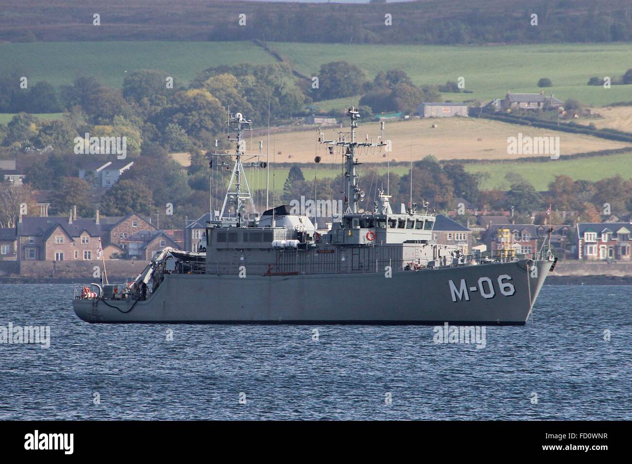 LVNS Talivaldis, a Tripartite-class minehunter of the Latvian Navy, at anchor off Greenock during Exercise Joint Warrior 14-2. Stock Photo