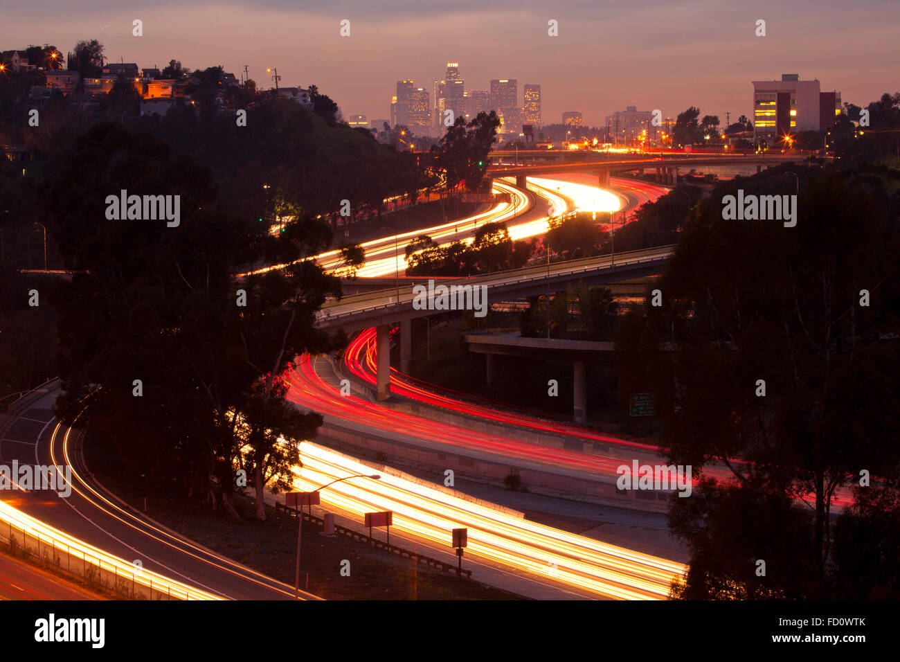 The 10 and 710 Freeway interchange seen from an aerial view and in the ...