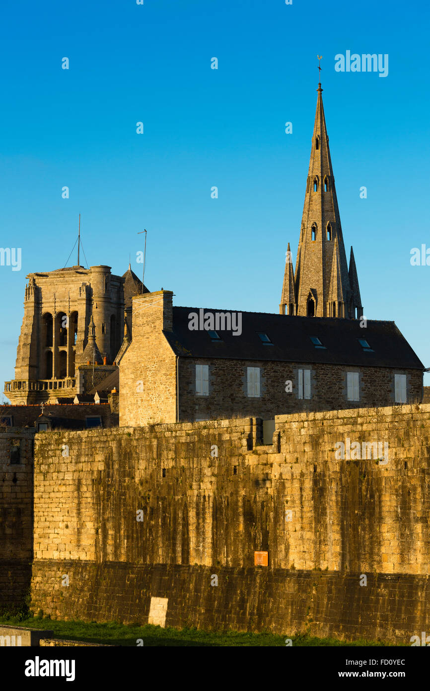 Medieval wall and church Notre Dame, Guingamp,Cotes d Armor, Brittany, France Stock Photo