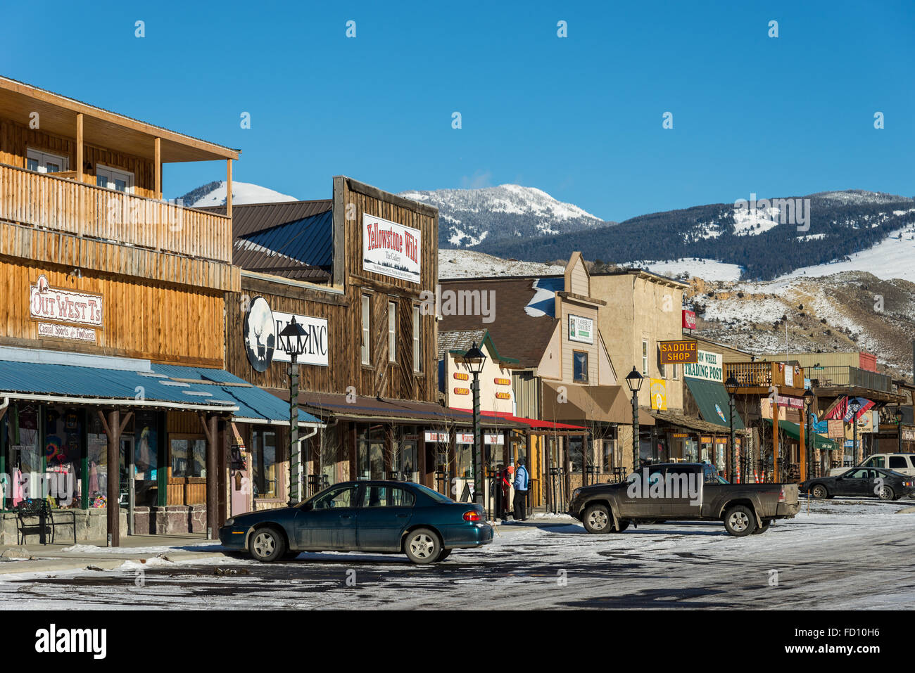 Street of a small western town Gardiner located just outside Yellowstone National Park, Montana, USA. Stock Photo