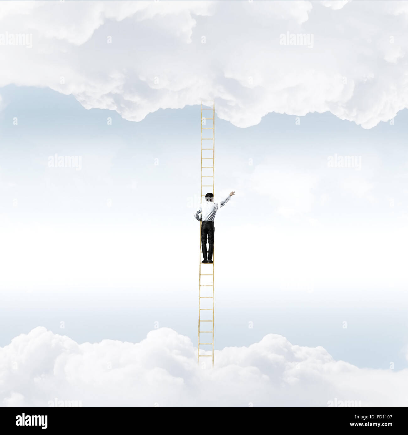Businessman standing on ladder high in sky Stock Photo - Alamy