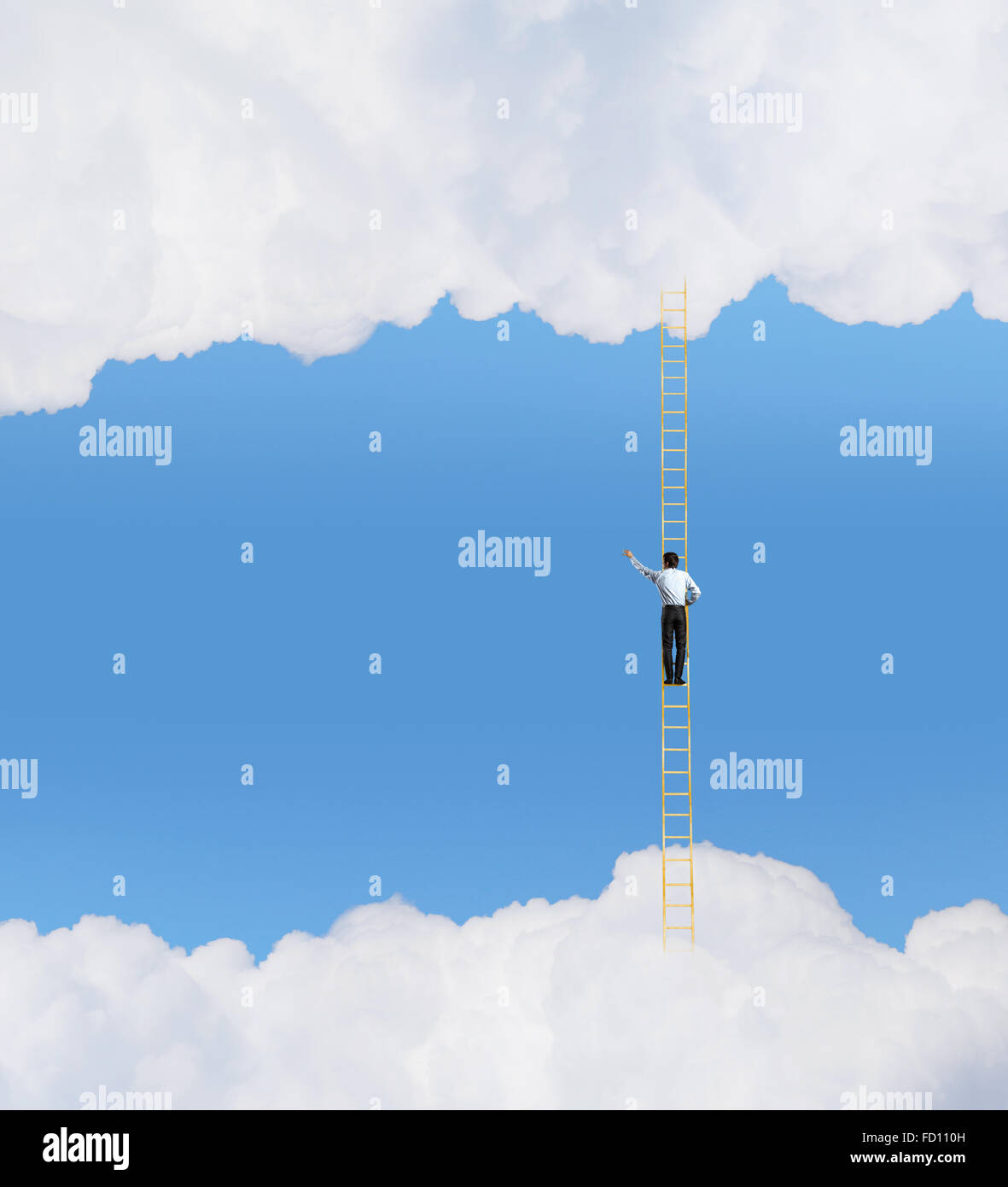Businessman standing on ladder high in sky Stock Photo - Alamy