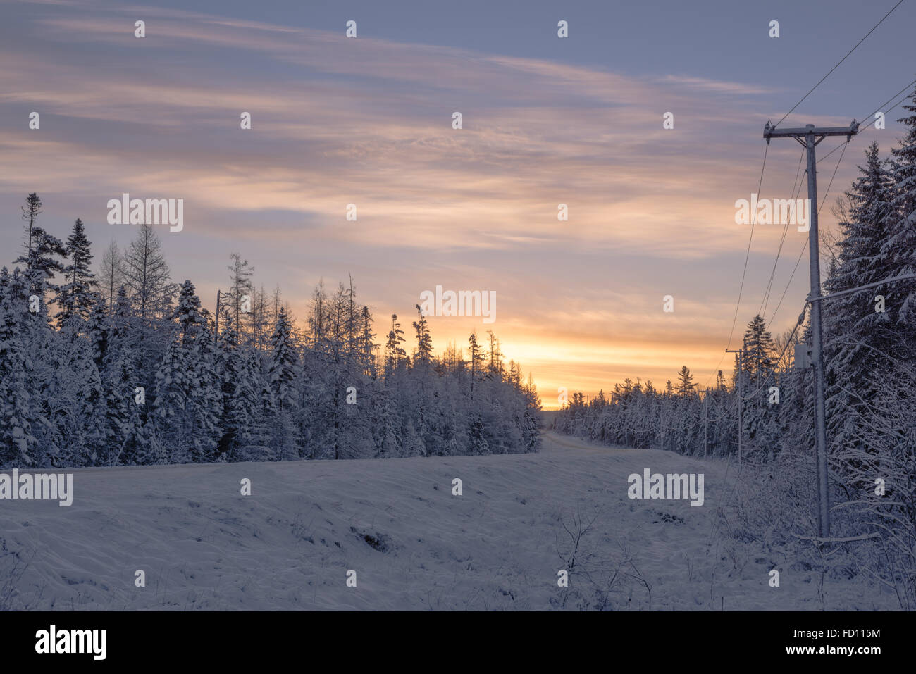 December Sunrise, Route 161, Madawaska Lake, Maine Stock Photo