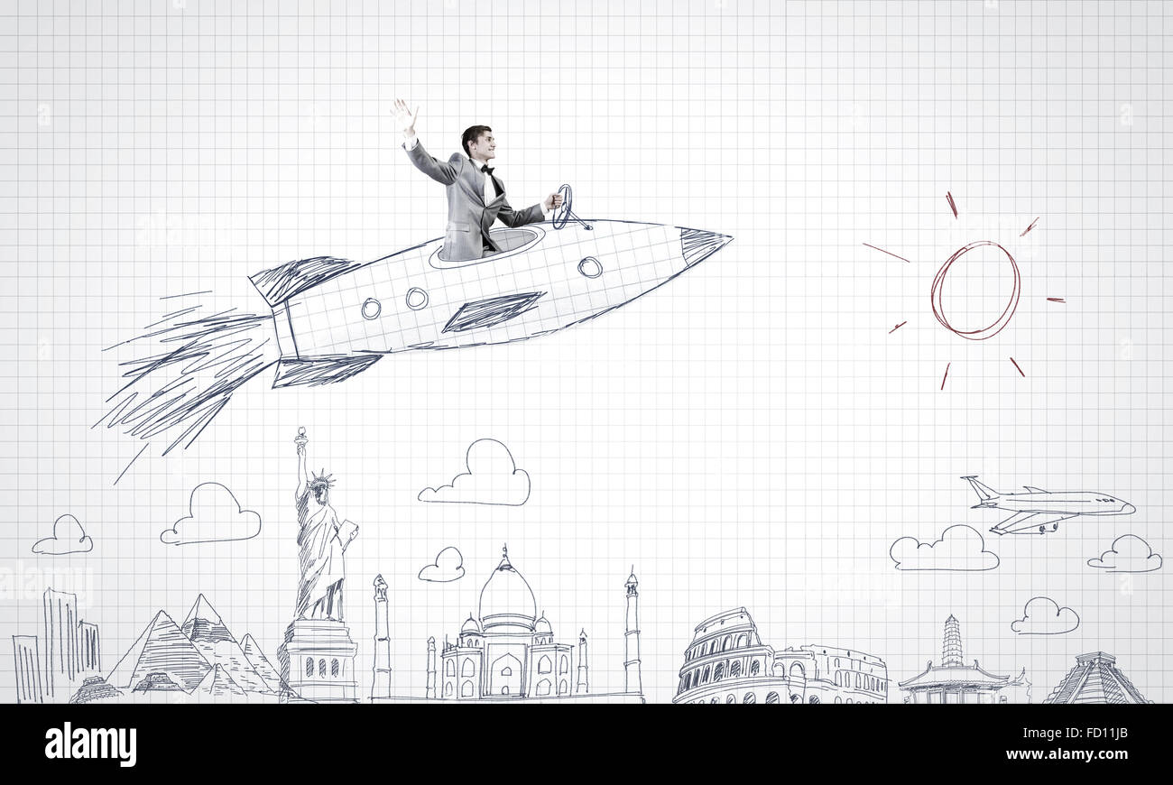 Young businessman flying in sky on drawn rocket Stock Photo - Alamy