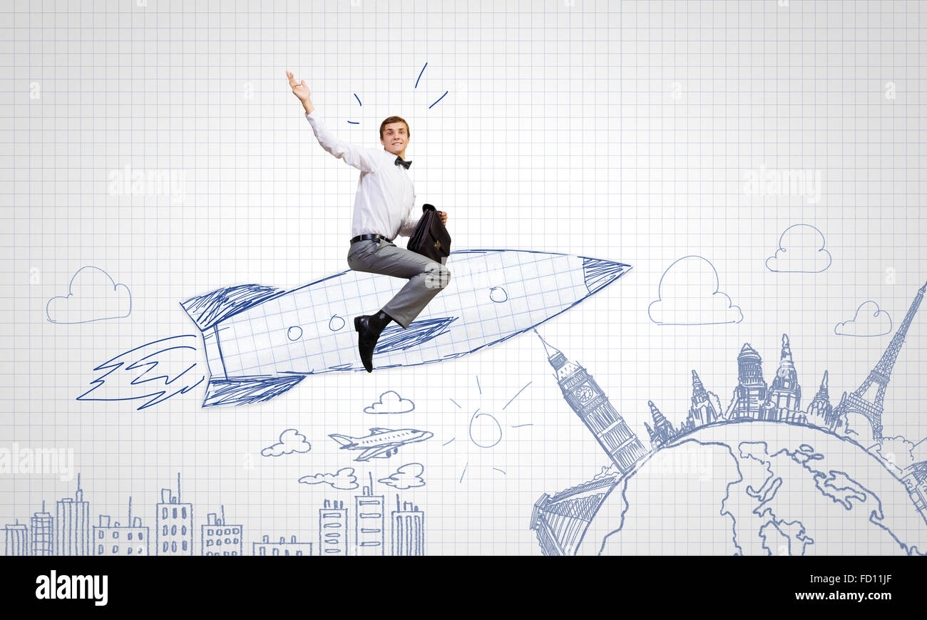 Young businessman flying in sky on drawn rocket Stock Photo - Alamy