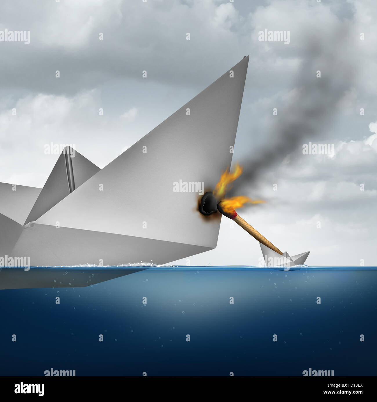 Small business strategy concept and vulnerable big corporation with a huge paper boat being attacked by a small vessel with a burning match causing damage to the larger competitor as a metaphor for corporate vulnerability. Stock Photo