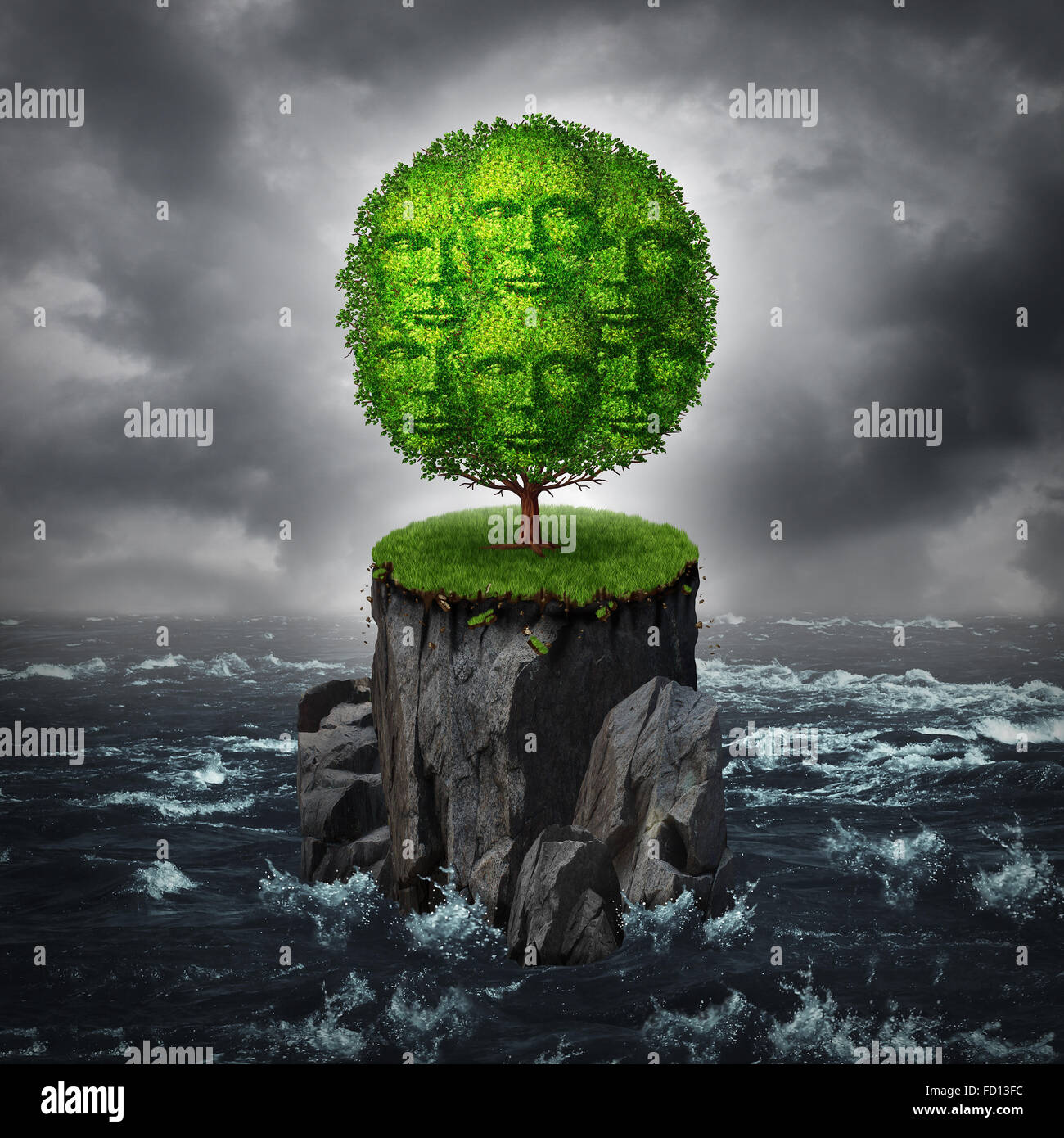 Community isolation concept as a a group of people shaped as a tree growing on an isolated rock cliff island surrounded by ocean as a metaphor for abandoned and forgotten society or living off the grid with limited access. Stock Photo