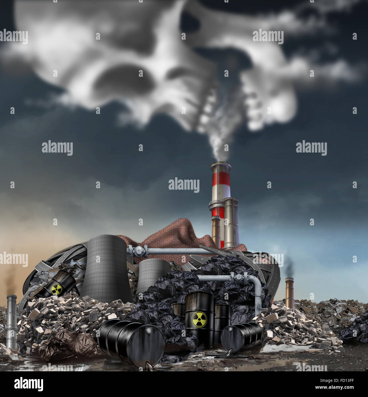 Toxic smoke symbol as a dirty industrial factory with garbage smoke stacks and a nuclear power plant shaped as a human face polluting the environment with toxins in the air shaped as a skull. Stock Photo