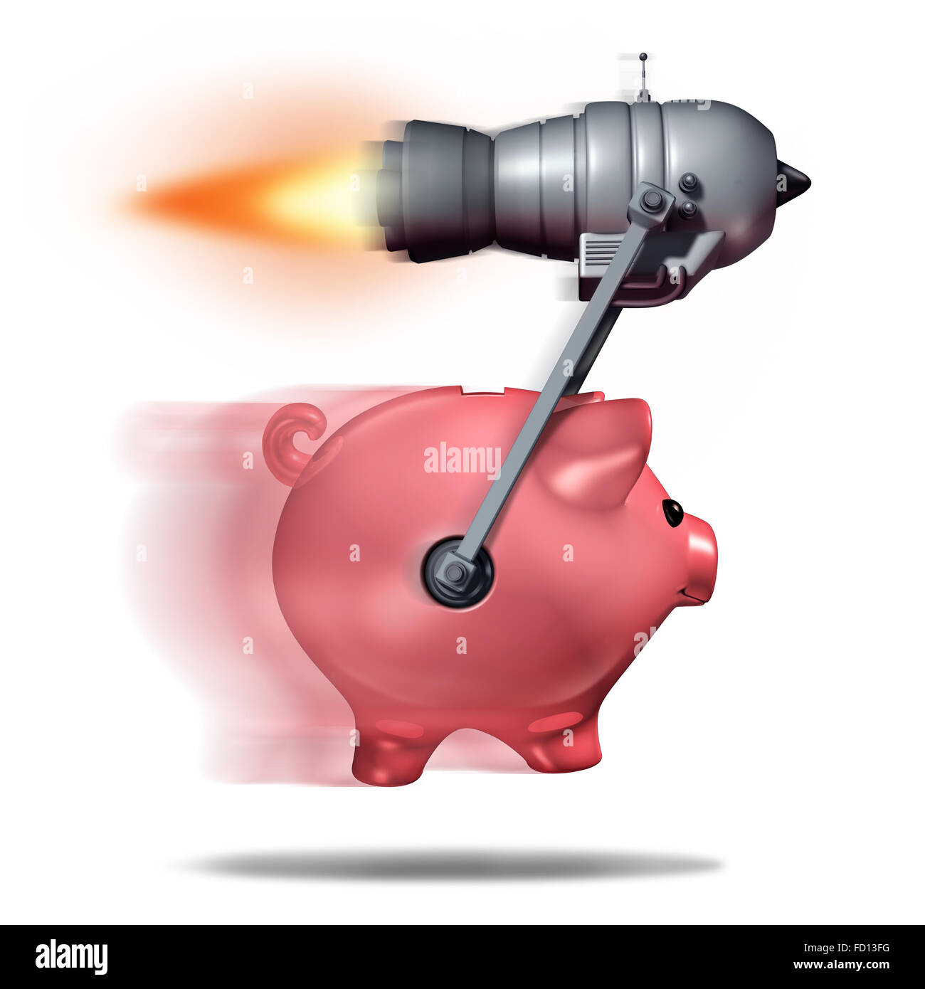 Fast cash concept and business success symbol as a piggy bank being accelerated by a rocket engine as a metaphor for quick express money or rapid financial service. Stock Photo